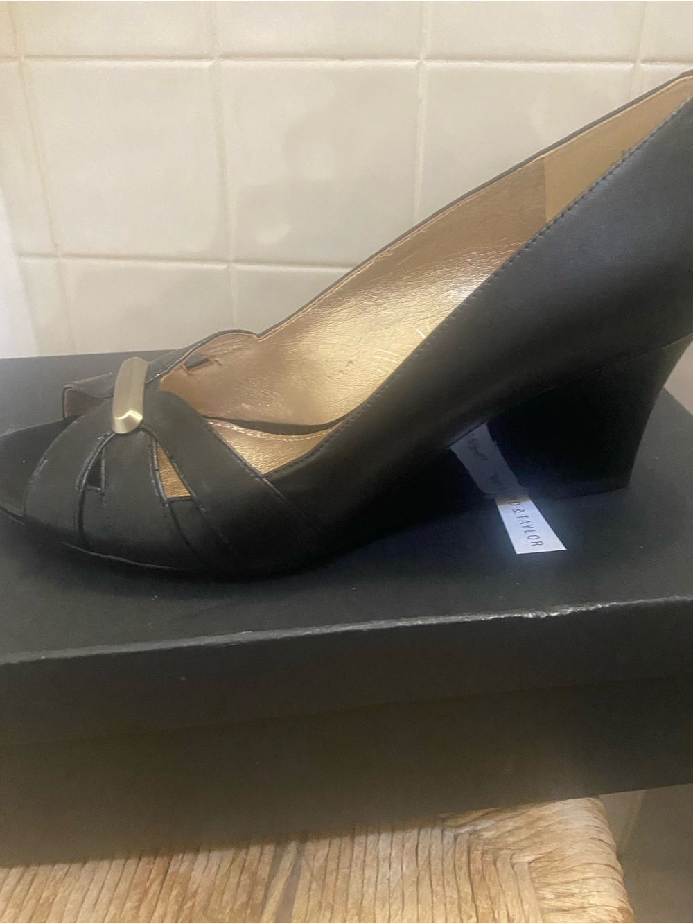 Black Peep-Toe Block Heel Pumps with Gold Accent